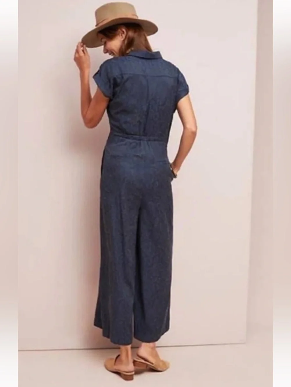 Ett:Twa James by Anthropologie Tie-Waist Button-Front Jumpsuit, Dark Navy Sz 12 - Picture 3 of 15